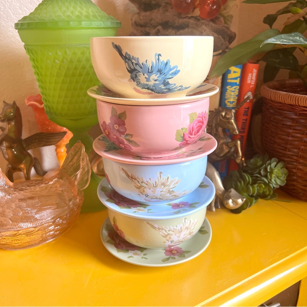 Songbird Garden by Rosie B. Farmer Bowl And Small Plate Sets Pink Blue Green - Picture 2 of 13